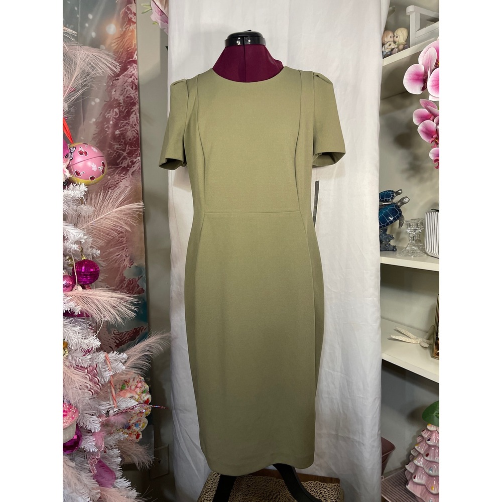 Calvin Klein Sheath Dress Women 14 Green NWT good short Sleeve Gold Zip Crepe